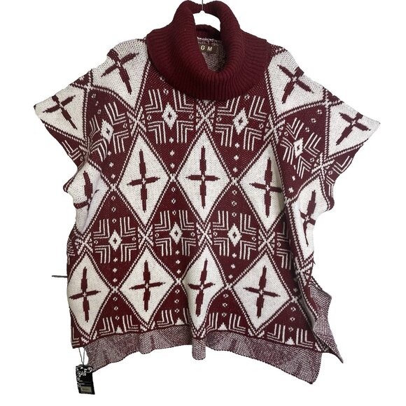GM Aztec Print Poncho Sweater One Size Cowl Turtleneck Tribal Southwestern Boho - Picture 1 of 12